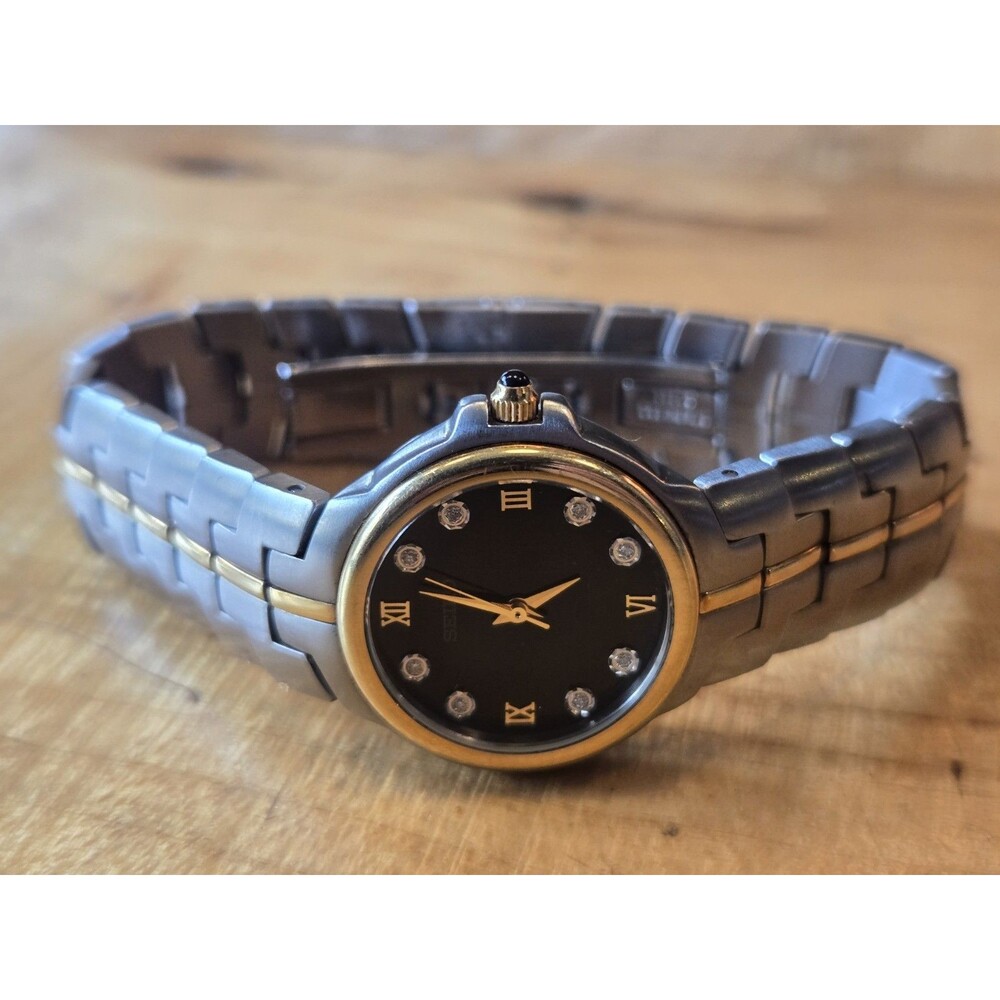 Seiko 18K Gold Capped St. Steel Diamond Black Ladies' Watch. 1N01-H966. New Bat - Picture 7 of 11